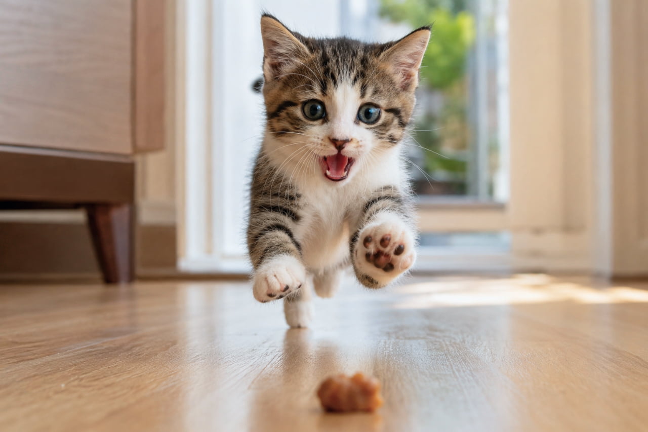 「「おやつだあああ!」って、猛ダッシュで突進してくる姿が可愛すぎて悶絶確定っ🏃♂️にゃーー!💨 #ダッシュ猫 #全力疾走 #子猫のいる生活」Ultra-realistic high-quality photograph of a tabby and white kitten sprinting directly forward on a shiny wooden floor towards a treat. Captured in mid-stride with its mouth wide open in an energetic meow, creating a dynamic and powerful action shot. 目の前のおやつ(カリカリ)を目指して、木目調の廊下をカメラに向かって真っ直ぐ全力疾走してくるキジ白の子猫。口を大きく開けて嬉しそうに声を上げながら、前足をダイナミックに一歩踏み出した躍動感あふれる一瞬を、完璧なピントで捉えています