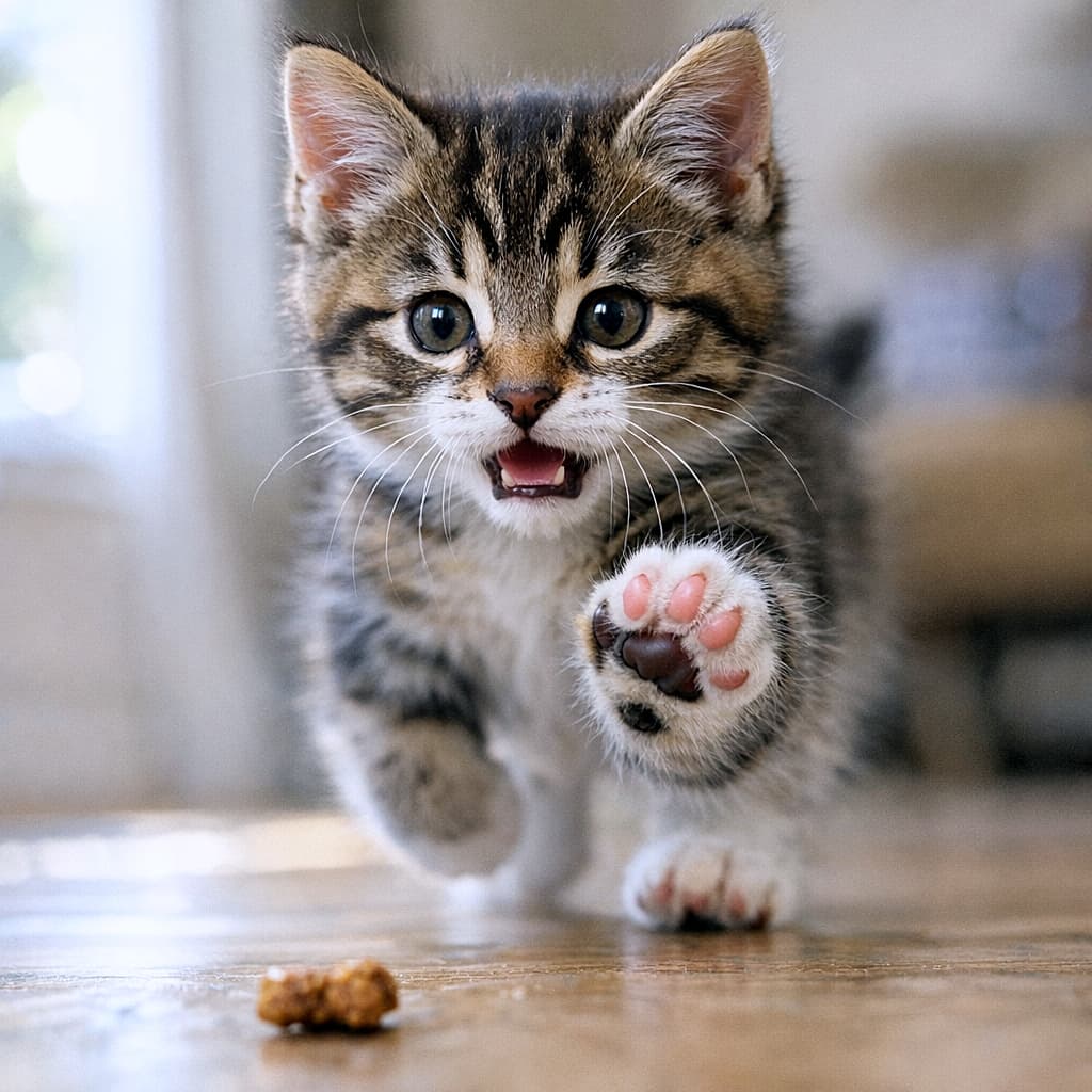 「「待てー！」お口を開けて元気いっぱいに突進。ミックス肉球を見せつけるキジ白ちゃんが迫力満点！」Front view of a tabby-and-white kitten running directly at the camera with its mouth open in excitement. The raised left front paw clearly shows mixed pink and dark brown pads. 口を開けて興奮気味に、カメラに向かって真っ直ぐ走ってくるキジ白子猫の正面ショット。上げた左前足には、ピンクと黒（こげ茶）の混ざった肉球がくっきりと見えている