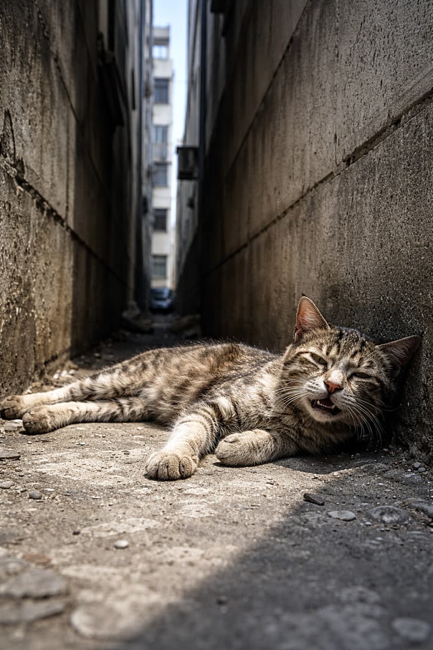 「暑さにぐったり…狭い路地でひと休み中のにゃんこ🐾少しでも涼めますように」An exhausted stray cat lying on concrete in a narrow gap between two apartment buildings, with harsh light and minimal shade, photorealistic. 2棟のアパートの狭い隙間のコンクリート上で、ほとんど日陰もなく疲れ切って横たわる野良猫の写実的な写真