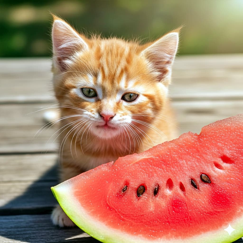 A close-up of an orange tabby kitten with white markings outdoors on a wooden surface, sniffing a large slice of ripe watermelon; its nose slightly wrinkled and eyes narrowed in a surprised, curious reaction, with bright summer light and soft green bokeh in the background.  木の台の上、屋外で白模様のあるオレンジタビー子猫が大きなスイカの一切れを鼻先で嗅ぎ、鼻にしわを寄せて目を細める驚きと好奇心の表情。赤い果肉が鮮やかに見え、夏の強い光と緑のボケ背景が爽やか