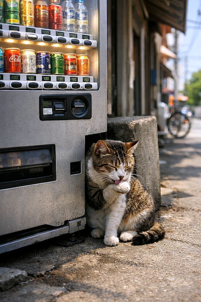 「自販機のひんやり日陰でひと休み。のんびり毛づくろい中の夏猫さん🐾✨」A stray tabby and white cat sits in the shade behind a glowing vending machine on a sunny summer street, calmly licking its paw. 夏の陽射しの中、光る自動販売機の陰に座り、前足をなめて毛づくろいするキジ白の野良猫