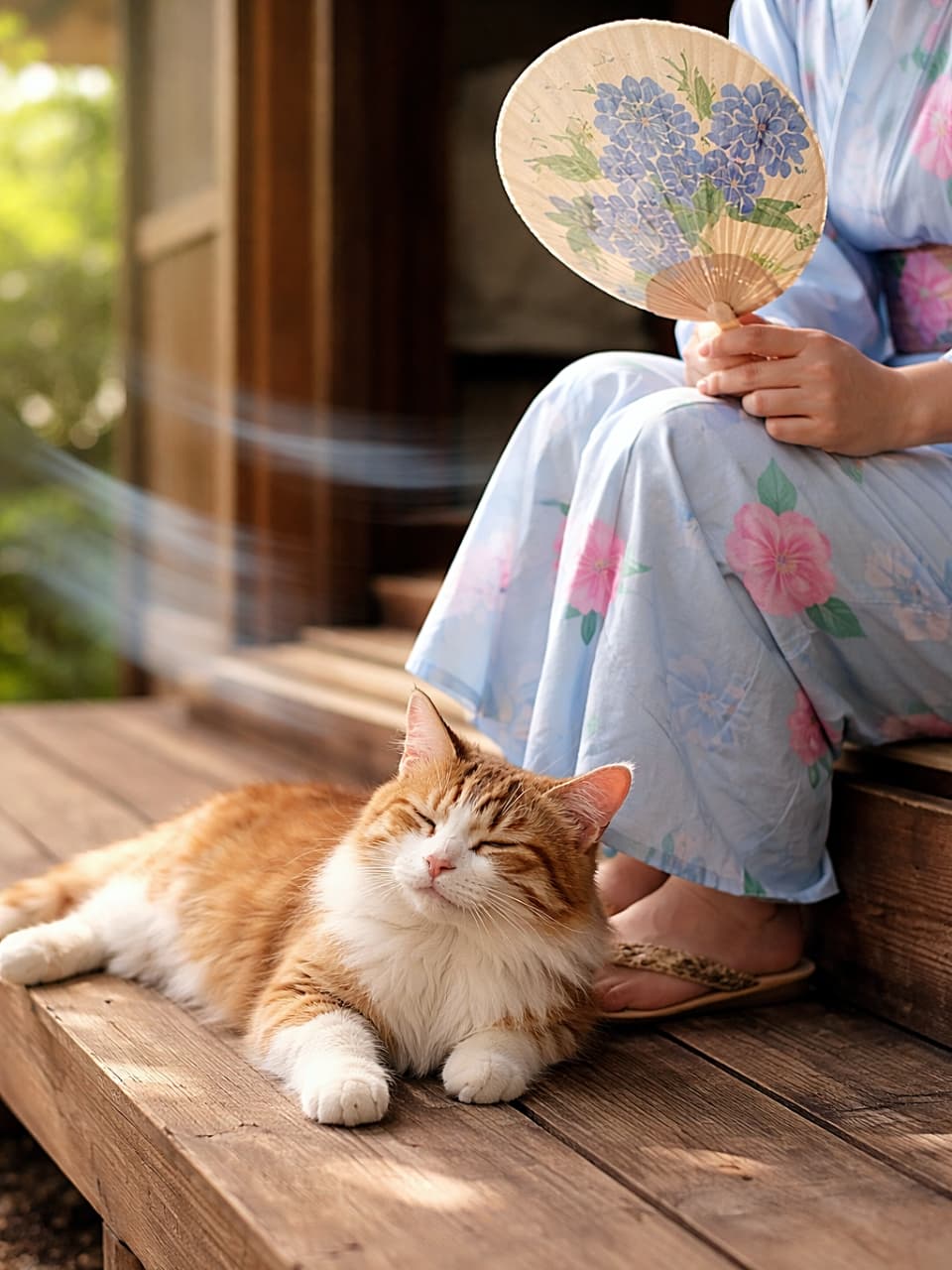 「うちわの風を独り占め♪縁側でごろ〜ん、夏を満喫するにゃんこ🐾」A stray cat resting on a wooden porch beside a seated person in a summer yukata, enjoying the breeze from a handheld fan, fur gently ruffled, warm natural light, realistic photography. 夏の浴衣姿の人物がうちわで風を送る横で、野良猫が木の縁側に寝そべり、毛並みを揺らしながら気持ちよさそうにくつろぐリアルな写真
