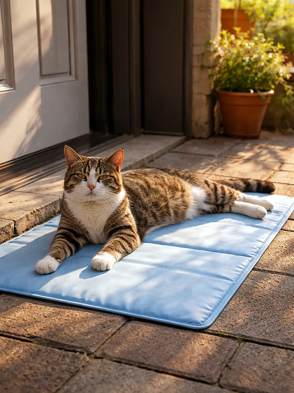 「ひんやりマット独占中♪玄関先でとろける幸せ顔のにゃんこ🐾」A stray tabby cat sprawled comfortably on a blue cooling mat at the entrance of a house, looking half-asleep and content, with warm sunlight touching the edge of the scene. 家の玄関先に置かれた青いクールマットの上で、満足そうに半分眠りかけながら寝そべる野良のキジトラ猫。縁には暖かな日差しが差し込んでいる