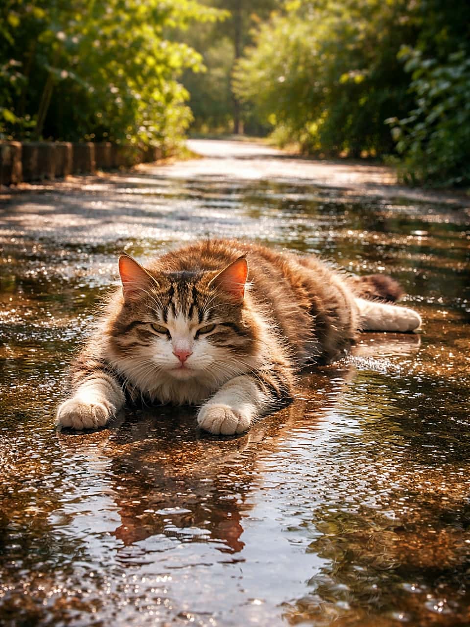 「ひんやり路面を独り占め♪夏の日差しの中でごろ〜んと幸せ顔のにゃんこ🐾」A stray cat lying belly-down on freshly watered pavement, surrounded by shallow puddles and reflections, glowing in warm summer sunlight. 水を撒いたばかりのまだ湿った舗道の上で、お腹をつけて寝そべる野良猫。水たまりの反射と夏の光に包まれている様子