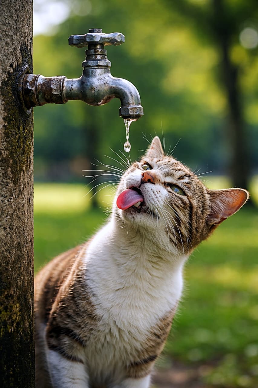 A realistic photo of a stray cat drinking water from a dripping public park faucet, tongue out as a water drop falls, with a soft green background. 公園の水道の蛇口から滴る水を、舌を出して飲もうとする野良猫を捉えたリアルな写真。背景はやわらかな緑