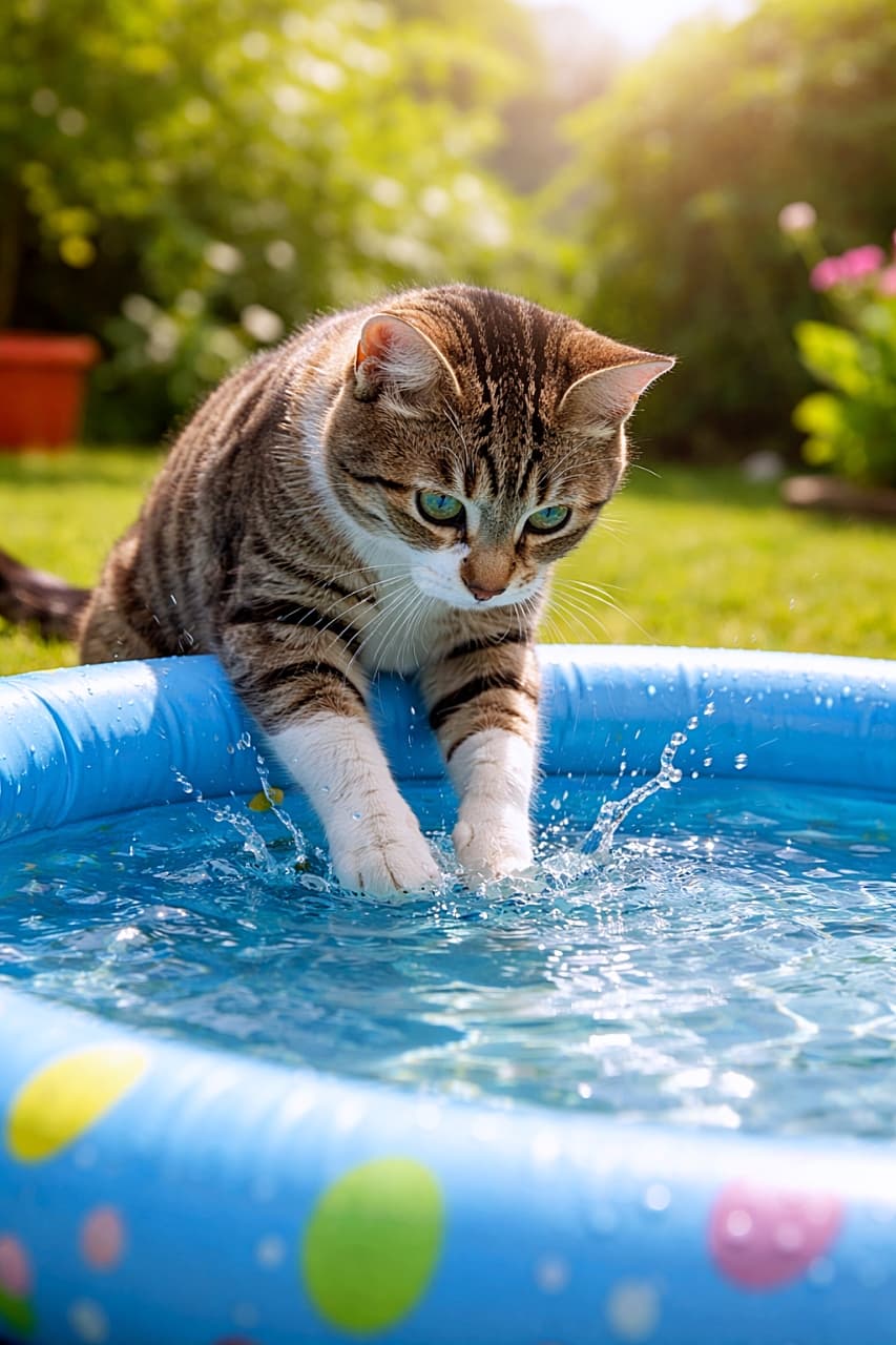 「前足だけチャプン！夏の水あそびデビュー🐾☀️」A stray tabby cat dipping only its front paws into a small blue kiddie pool, splashing water with a curious expression in a sunny garden, photorealistic. 晴れた庭で、小さな青い子ども用プールに前足だけを入れて水しぶきを上げる、好奇心いっぱいの野良キジトラ猫のリアル写真