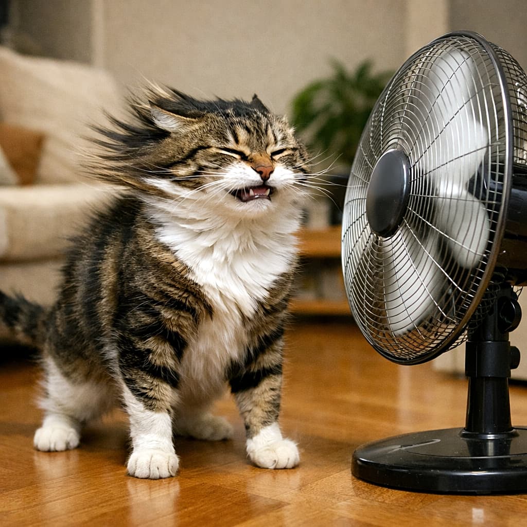 「風つよすぎ！？でも気持ちよさそうな顔が最高にかわいい瞬間🐾」A stray cat standing directly in front of an electric fan on full blast, its fur blown backward dramatically, making a comical expression in an indoor setting, photorealistic. 室内で全開の扇風機の真正面に立ち、風で毛が後ろになびいてコミカルな表情をしている野良猫の写実的な写真