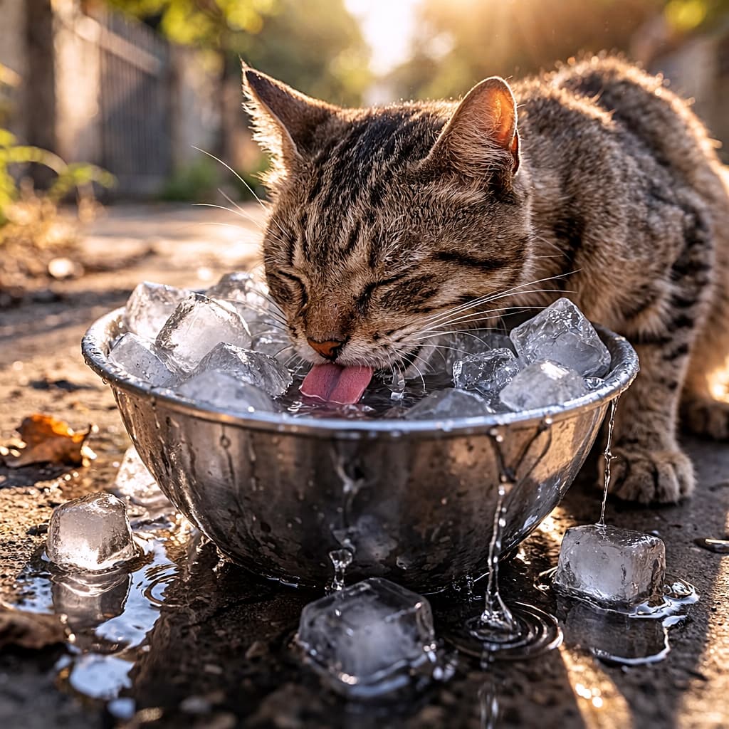「キンキン氷水に夢中！真夏の救世主はこの一杯🐾」A stray tabby cat licking melting ice water from a metal bowl filled with ice cubes on the ground, glowing in golden summer backlight with wet whiskers and dripping water. 夏の逆光の中、地面に置かれた金属ボウルの氷水をなめる野良のキジトラ猫。濡れたヒゲと滴る水が印象的な一枚