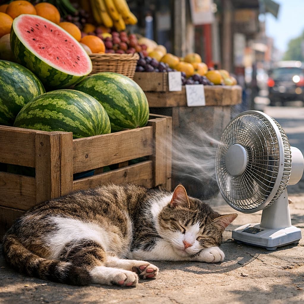 「スイカの甘い香りと扇風機の風に包まれて、夏の特等席でお昼寝中🐾」A stray tabby-and-white cat napping beside a wooden crate of watermelons in front of a fruit stand, with cool air blowing from a small electric fan, realistic summer street scene. 果物屋の前でスイカの木箱の横に寄り添って眠る野良のキジ白猫。小さな扇風機の風が当たり、夏の街角のリアルな情景