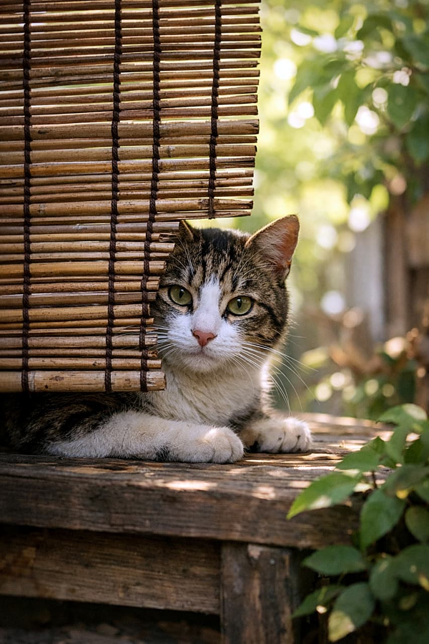 「すだれの向こうからひょっこり。夏の光に包まれる、のんびり猫時間🐾」A stray cat peeking through a bamboo screen (sudare), resting in cool shade with soft backlight, creating a calm summer atmosphere, photorealistic. すだれの隙間から顔をのぞかせる野良猫。涼しい日陰でくつろぎ、柔らかな逆光が夏らしい雰囲気を演出する写実的な写真