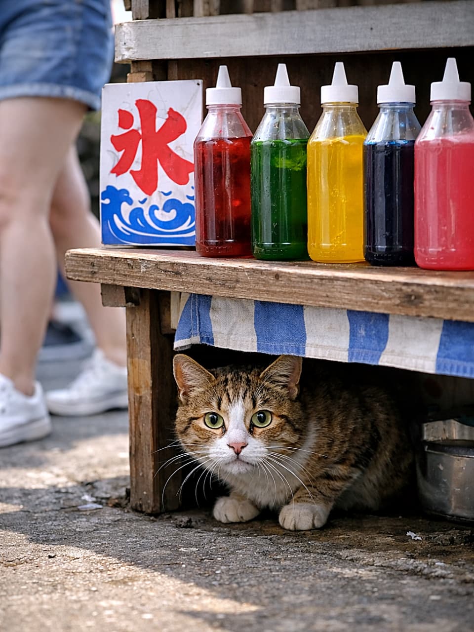 「屋台の下からこんにちは♪カラフルな夏に誘われた、好奇心いっぱいのにゃんこ発見！ 🐾🍧」A curious stray cat peeking from under a summer shaved ice stall, colorful syrup bottles lined above, with people walking nearby in a lively outdoor setting, photorealistic. 夏のかき氷屋台の下から顔をのぞかせる好奇心旺盛な野良猫。上にはカラフルなシロップ瓶が並び、近くを人が行き交う活気ある屋外風景