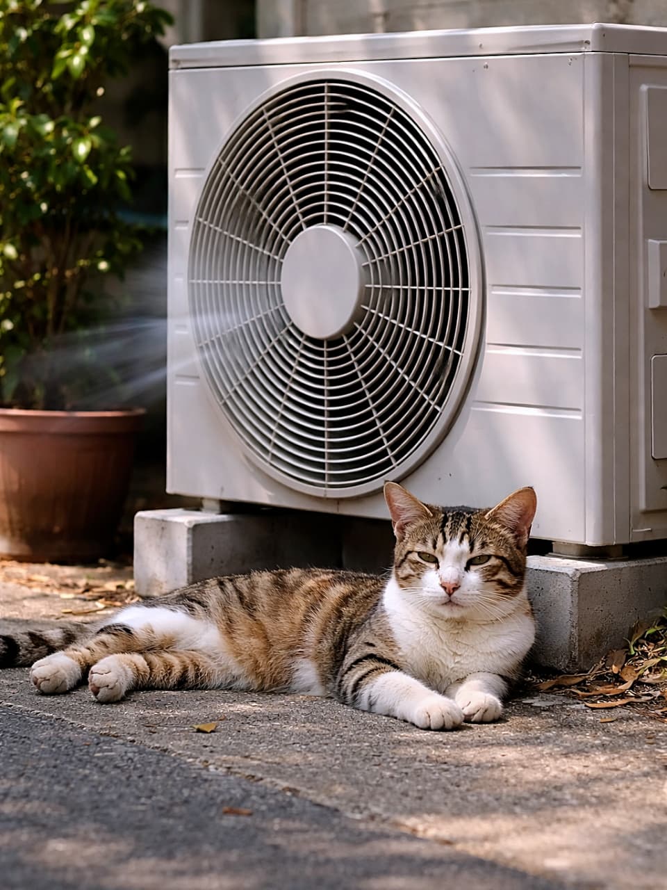 「室外機の風が特等席♪ 日陰でまったりご機嫌な街角にゃんこ🐾」A stray tabby cat lying in the shade beside an outdoor air conditioner unit, enjoying the gentle breeze in a quiet urban residential setting, realistic photo. 住宅街の室外機の横、日陰で風にあたりながらくつろぐ野良のキジ白猫のリアルな写真