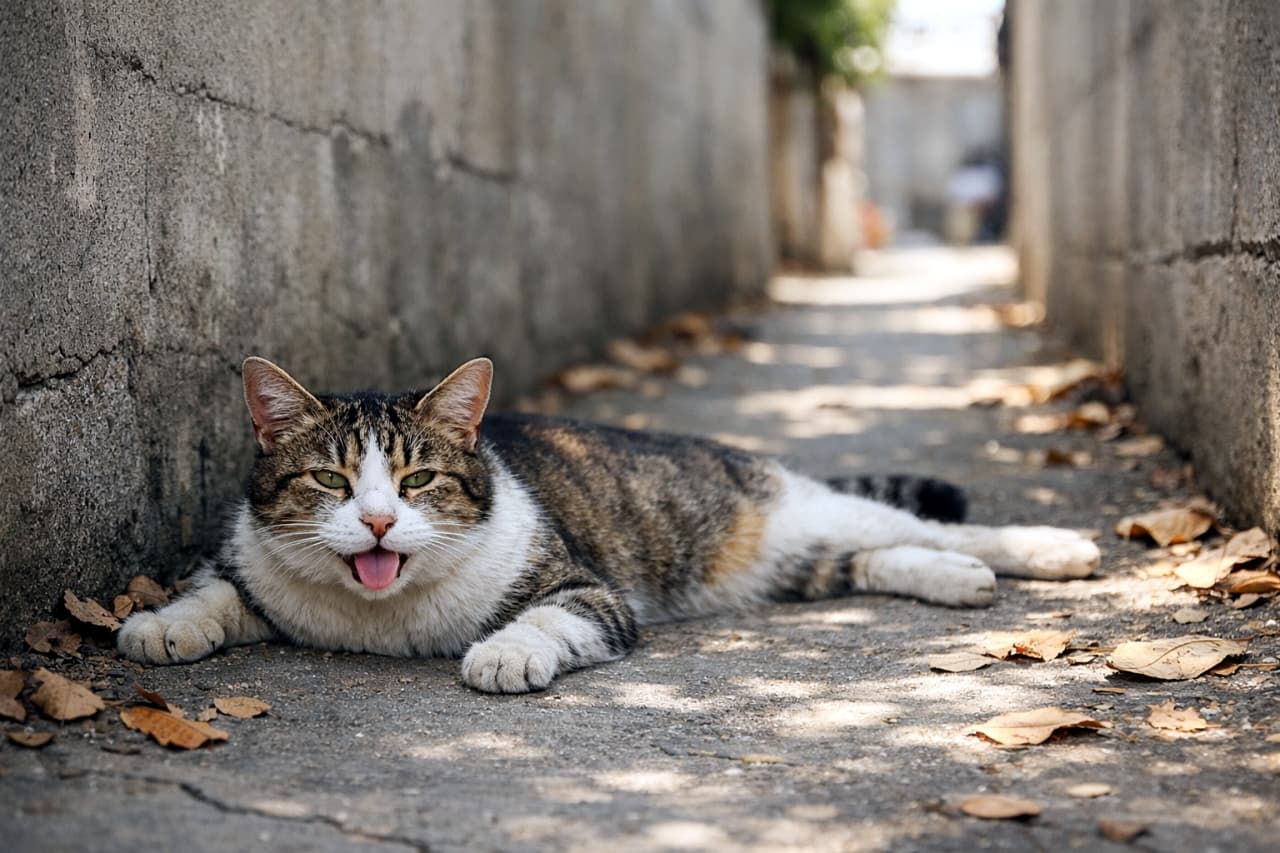 「暑さに負けそうでも日陰を見つけてひと休み。のび〜っと夏を乗り切る猫さん🐾」A stray cat lying flat in the shade of a narrow alley on a hot summer day, panting slightly, surrounded by concrete walls and scattered leaves, soft natural lighting, realistic photography. 暑い夏の日、細い路地の陰で体を伸ばして横たわり、少し息を切らしている野良猫。コンクリートの壁と落ち葉に囲まれた柔らかな自然光のリアルな写真
