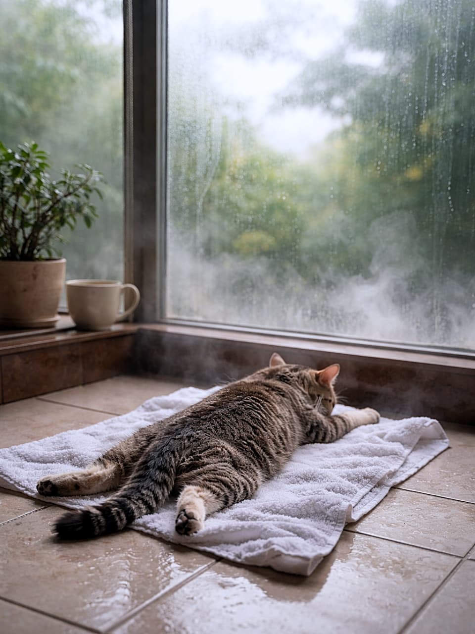「ひんやりタオル最高にゃ…！湯気の向こうでごろ〜んと極楽タイム🐾」A stray tabby cat lying belly-down on a wet towel placed on a tile floor, stretching comfortably near a fogged window with steam rising outside, realistic photo. タイル床に敷かれた濡れたタオルの上で、うつ伏せに伸びてくつろぐ野良のキジトラ猫。窓の外には湯気が立ちのぼる、写実的な写真