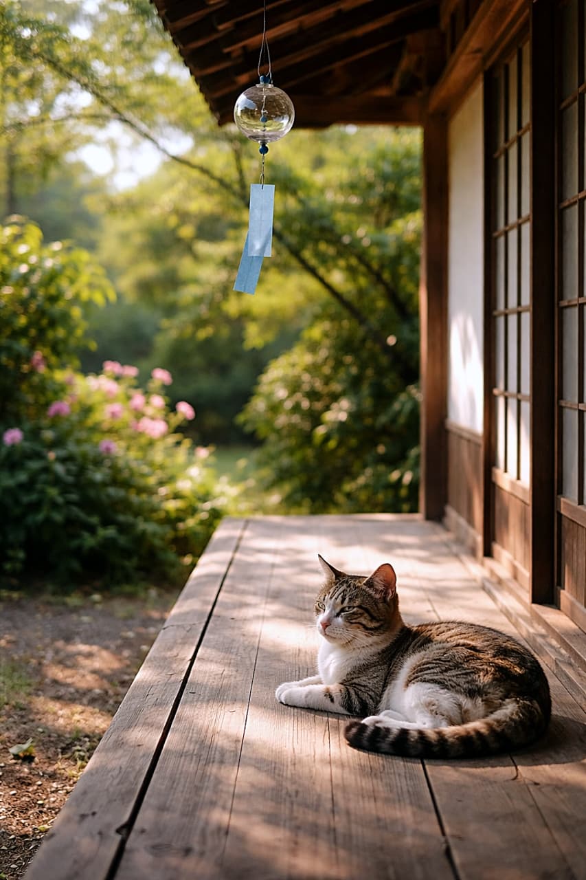 「風鈴の音に耳をすませて、のんびりお昼寝前のひととき。夏の縁側って最高だにゃ🐾」A stray cat resting quietly on a wooden porch beneath a glass wind chime, tail curled, bathed in soft summer light at a peaceful traditional Japanese home, photorealistic. 風鈴の下の木の縁側で、しっぽを丸めて静かにくつろぐ野良猫。やわらかな夏の光に包まれた、穏やかな日本の伝統的な家の風景