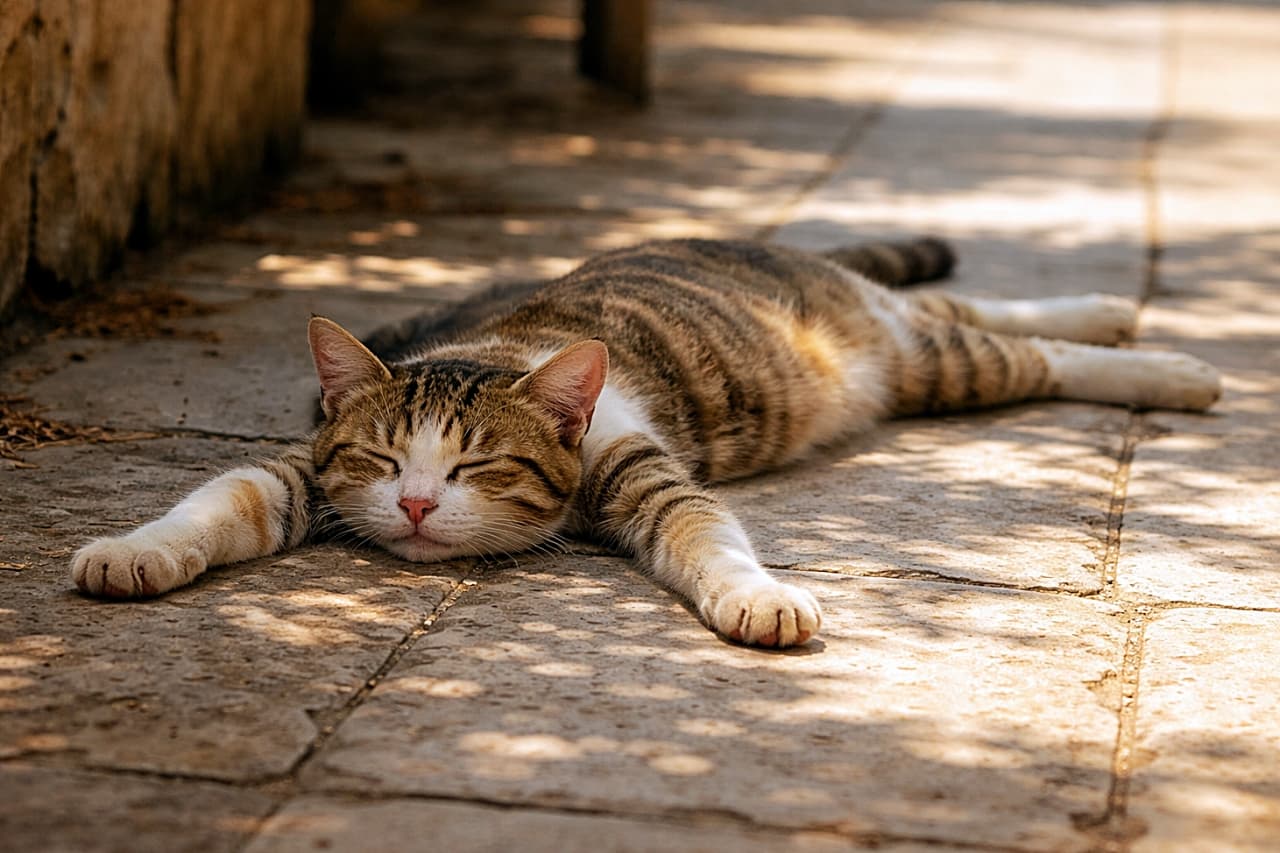 「暑さでぺたーん！日陰タイルで全力クールダウン中の猫🐾見てるだけで涼しい」A stray cat lying flat on a shaded stone or tile floor with its eyes closed and limbs stretched out, resting in the summer heat. 日陰の石やタイルの床に手足を伸ばしてぺたっと寝そべり、目を閉じて夏の暑さをしのいでいる野良猫の写真