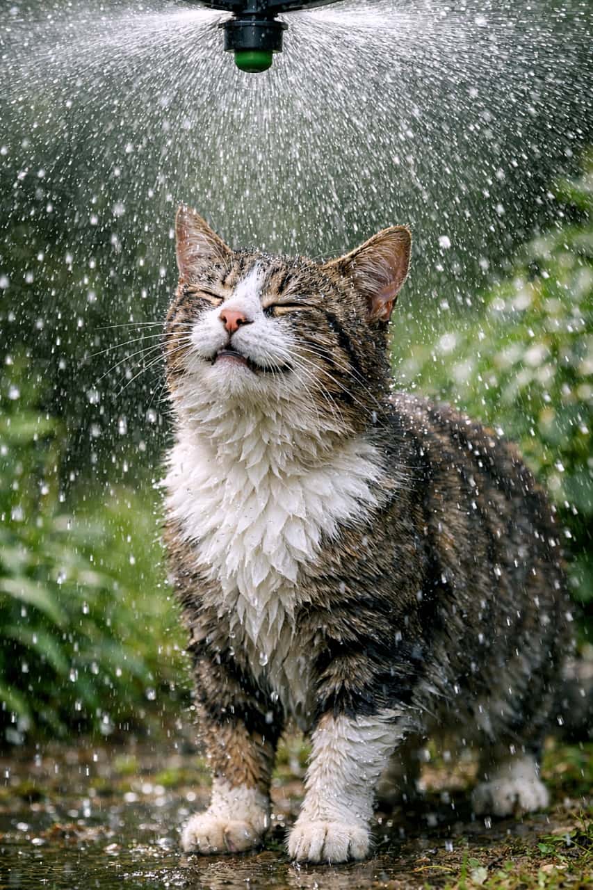 「ミストシャワーでひと涼み♪気持ちよさ全開のごきげん猫🐾」A stray tabby cat standing under a garden mist sprinkler, water droplets sparkling in the air, eyes closed with a refreshed expression, green blurred background, photorealistic. 庭のミストスプリンクラーの下に立ち、水しぶきを浴びながら目を閉じて気持ちよさそうな表情を見せる野良のキジトラ猫。背景は緑のボケ、フォトリアル