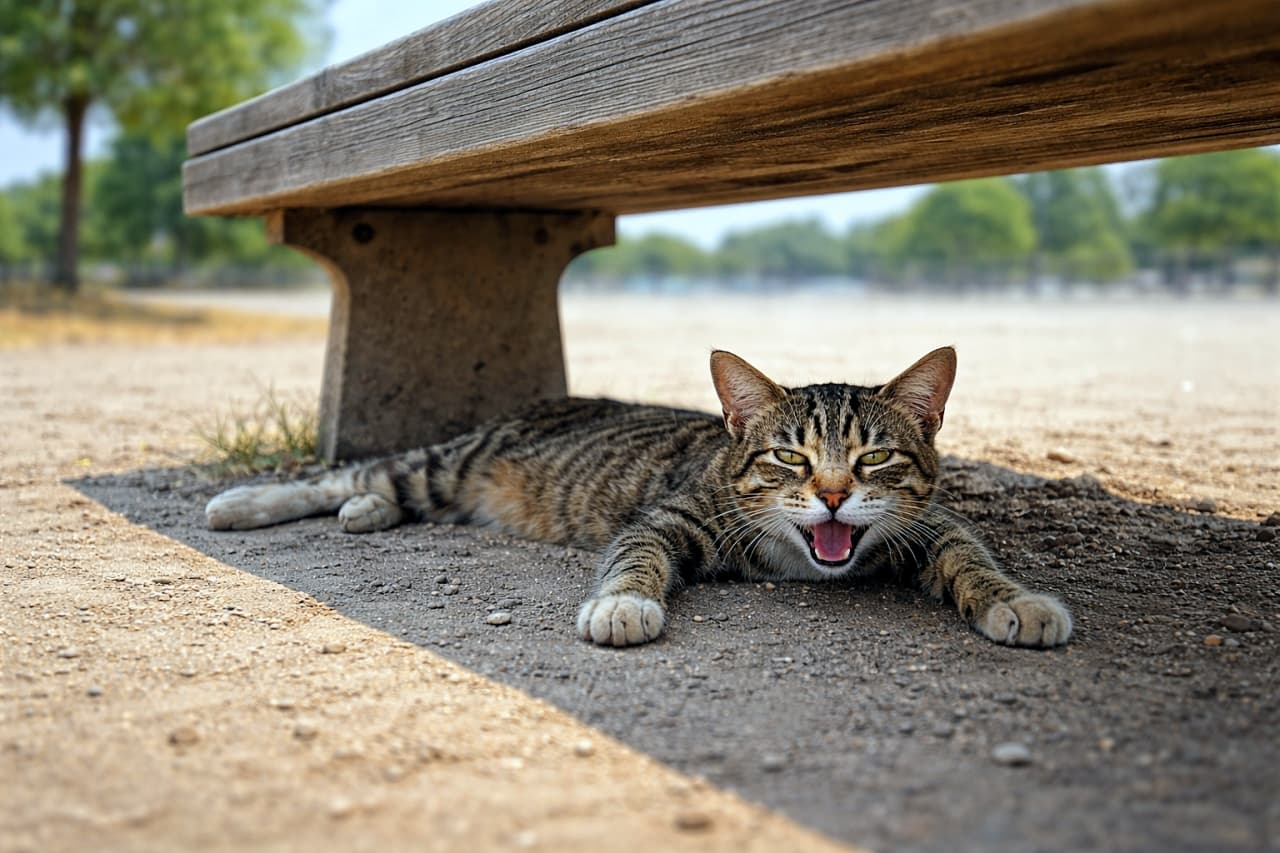 「ベンチ下のわずかな日陰でひと息…夏バテ気味のにゃんこ🐾☀️」A stray tabby cat lying flat under a park bench with minimal shade, panting in the heat, with visible heat haze shimmering in the background, photorealistic. 公園のベンチのわずかな日陰に体を伸ばして寝そべり、暑さで口を開けて息をする野良のキジトラ猫。背景には陽炎が揺れているリアル写真