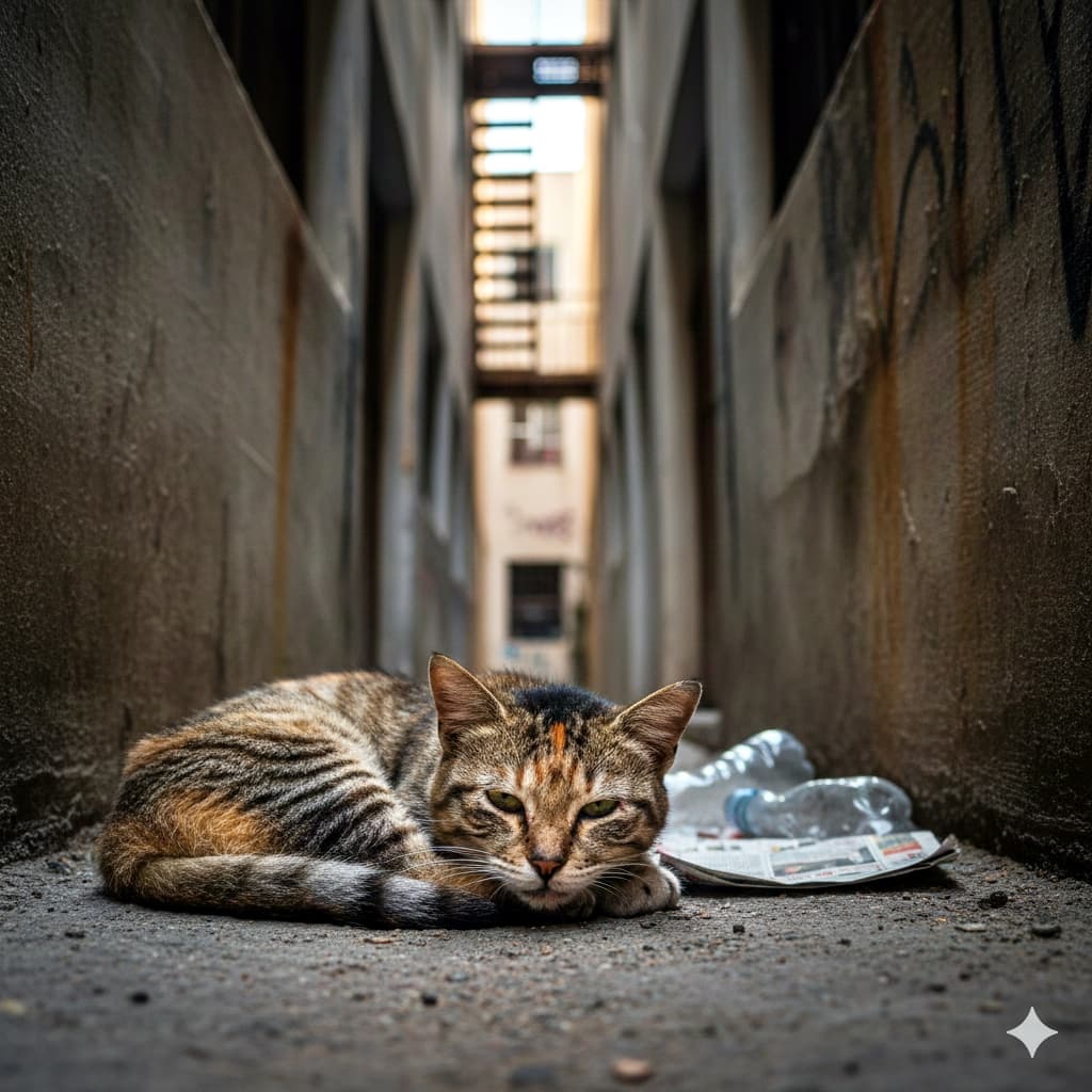 A tabby stray cat rests on the ground in a narrow urban alley, looking toward the camera with a relaxed posture; weathered graffiti‑covered walls, discarded plastic bottles and newspapers, and a distant metal staircase add gritty depth under harsh light with little shade. 2棟の建物の狭い路地で、キジトラの野良猫が地面に横たわり、穏やかな姿勢でカメラを見つめている。落書きで汚れた古びた壁、捨てられたペットボトルや新聞、奥の金属階段が重なり、日陰の少ない強い光の中で都会の荒れた雰囲気を描く