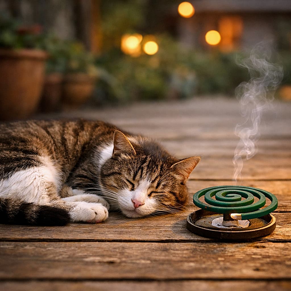 「蚊取り線香とお昼寝猫🐾これぞ日本の夏！」A stray tabby and white cat sleeping peacefully on a wooden deck beside a slowly burning green mosquito coil, with soft summer evening lights in the background, photorealistic. ゆっくりと燃える緑の蚊取り線香のそばで、木製デッキの上に気持ちよさそうに眠るキジ白の野良猫。背景には夏の夕暮れの柔らかな灯り