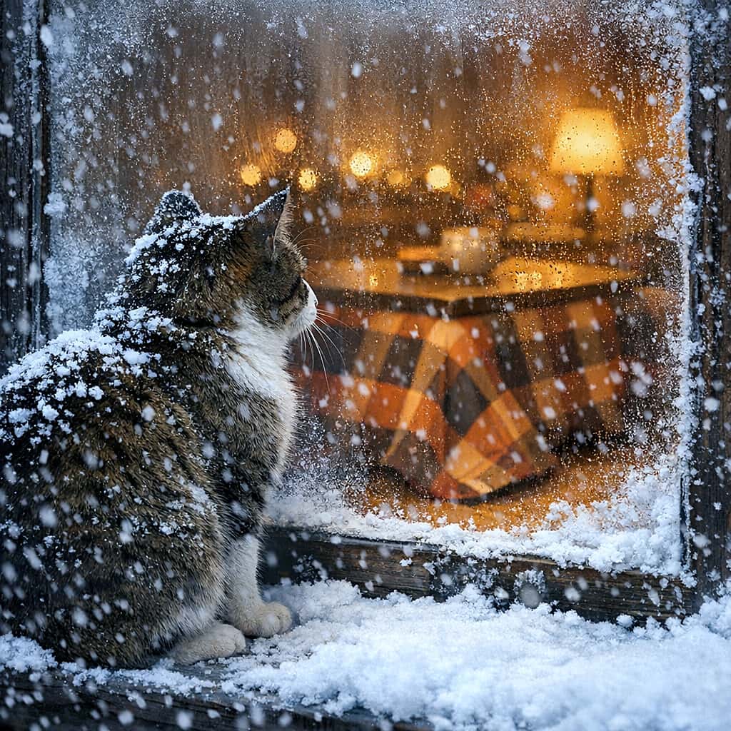 「激しい雪の中、三毛猫ちゃんが窓の奥のぬくぬくこたつを恋しそうに見つめてる…背中が泣ける😢❄️」A photorealistic image of a calico stray cat sitting with its back to the camera on a heavily snow-covered windowsill during a fierce snowfall. The cat stares through a frosted window pane into a warmly lit, softly blurred room with a checkered kotatsu and a lamp. Snowflakes cling all over the cat's fur and the window frame. 激しい雪が降る中、雪に覆われた窓辺にカメラに背を向けて座る三毛猫(野良猫)のリアルな写真。猫は霜の降りた窓ガラス越しに、チェック柄のこたつやランプが柔らかくぼやけて見える温かい光の部屋を見つめている。猫の毛や窓枠には雪の結晶がたくさん付着している