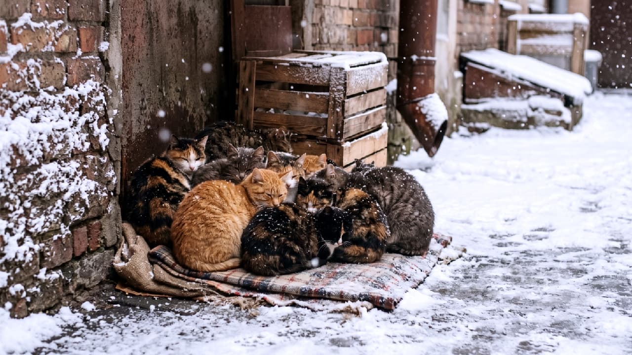 「厳しい雪の日も、みんなでくっつけば心も体もポカポカに🐾🐱 お互いを守り合う姿にキュンとしませんか?❄️❤️」Ultra-realistic high-quality photograph of a large group of mixed-breed stray cats, including calico, orange tabby, brown tabby, and tortoiseshell, huddled together for warmth on an old blanket in a snowy brick alleyway during a snowfall. 雪が舞うレンガ造りの路地裏で、木箱の横に敷かれた古い毛布の上に身を寄せ合い寒さをしのぐ野良猫たちの群れ。三毛猫、茶トラ、キジトラ、サビ猫、ハチワレなど多様なミックス猫たちが、目を細めてお互いの体温で暖め合う、冬の厳しい自然と生命力を感じる高画質な写真