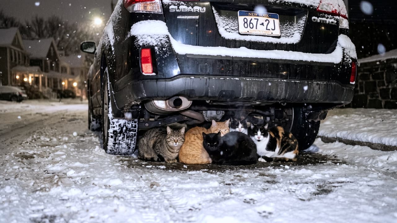「雪の夜、車のぽかぽかスポットで暖をとる猫たちを発見🐈⬛🚙 寒い日の出発前は「猫バンバン」を忘れずに⚠️❄️」Ultra-realistic high-quality photograph of stray cats, including a brown tabby, orange tabby, black, and calico-tuxedo cat, taking shelter from the snow under the rear bumper of a parked black SUV on a snowy winter night. 街灯が照らす雪の降る夜の住宅街。ニューヨークのナンバープレートが付いた黒いSUV車のマフラーの下に集まり、寒さと雪をしのぐ野良猫たち。キジトラ、茶トラ、黒猫、三毛混じりのハチワレ猫が警戒しつつも身を寄せる、夜の光のニュアンスと野生味あふれる瞳が印象的な高画質写真
