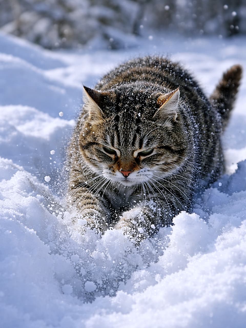 「雪なんて関係ないにゃ!本気モードで掘り進む冬の冒険家🐾❄️」A determined stray tabby cat digging into deep snow, snow flying around its paws, whiskers frosted, photorealistic winter scene. 深い雪を力強く掘り進む野良のキジトラ猫。前足から雪が舞い上がり、ひげが凍りついたフォトリアルな冬の情景