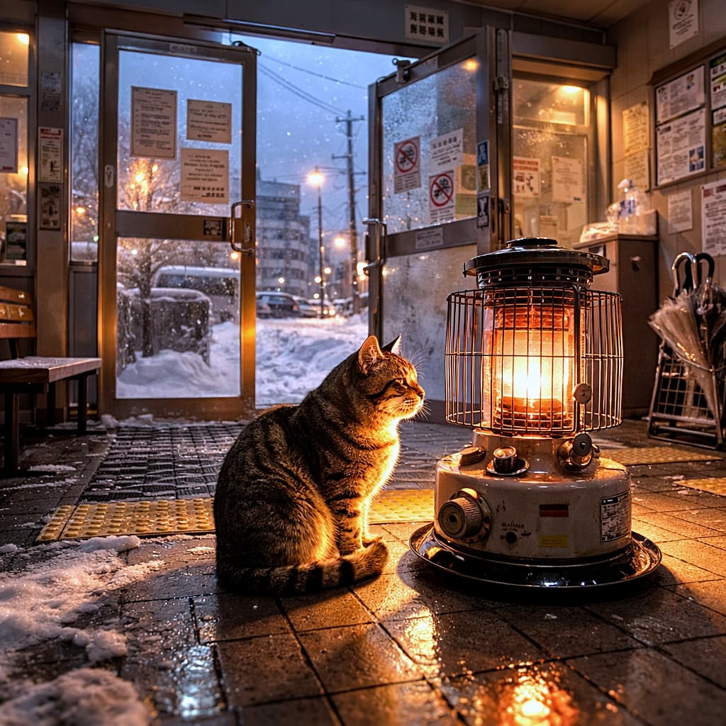 「雪の気配と橙のぬくもり、冬の境界線❄️ストーブ独占中。外は雪、ここは天国」A stray tabby cat resting beside a kerosene heater in the entrance of a public building, double doors partly open to a snowy street at dusk, warm indoor light contrasting with cold blue winter evening, cinematic and photorealistic. 夕暮れの雪道へと続く両開きドアが半開きの公共施設入口で、灯油ストーブの隣に落ち着いて座る野良のキジトラ猫。屋内の暖色と屋外の冷たい青が対比するシネマティックな冬景色