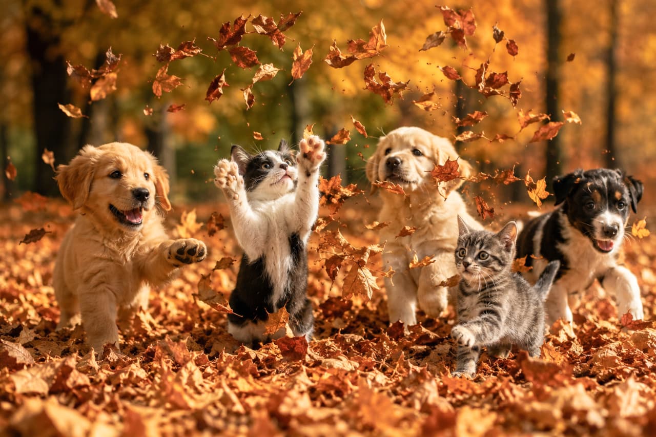 「落ち葉キャッチ選手権、開催中にゃ!🍂🐈 躍動感たっぷりの大ジャンプにご注目✨ みんな元気いっぱいで楽しそう🐶 #秋の訪れ」Ultra-realistic high-quality photograph of a black and white tuxedo kitten leaping with both front paws to catch falling autumn leaves, surrounded by playful puppies in a vibrant, golden-hued autumn forest setting. 黄金色に染まる秋の森で、舞い落ちる枯れ葉に向かって白黒ハチワレ(タキシード)の子猫が元気よく両前足を上げてジャンプしている瞬間。周囲には楽しそうにはしゃぐゴールデンレトリバーなどの子犬たちが配置され、躍動感と秋の深まりを感じさせる高画質写真です