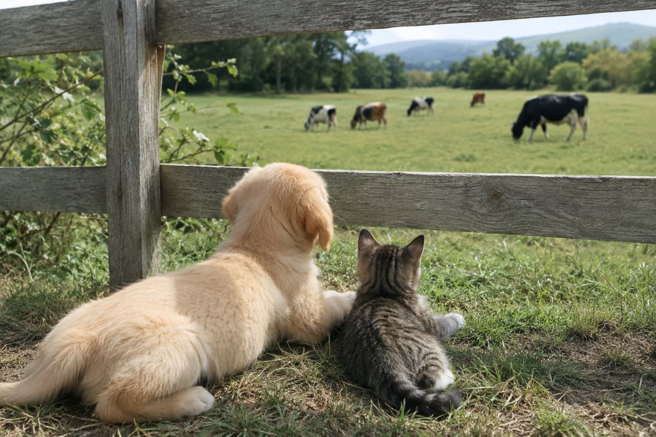 「牛さん、とってもおっきいにゃ〜🐮🌿 仲良く並んだふたりの後ろ姿がたまらない!のんびりとした午後のおすそ分けです✨ #癒やしの時間」Ultra-realistic high-quality photograph taken from behind, showing a brown tabby kitten and a golden retriever puppy resting on green grass, peacefully looking through a wooden fence at cows grazing in a distant pasture. 木製の柵越しに牧場の牛たちを静かに見つめる、ゴールデンレトリバーの子犬とキジトラの子猫の後ろ姿。子猫の背中の美しい縞模様や耳の形、フワフワの毛並みが精細に描写され、のどかな自然の風景と穏やかな時間が流れる様子を捉えた高画質な写真です