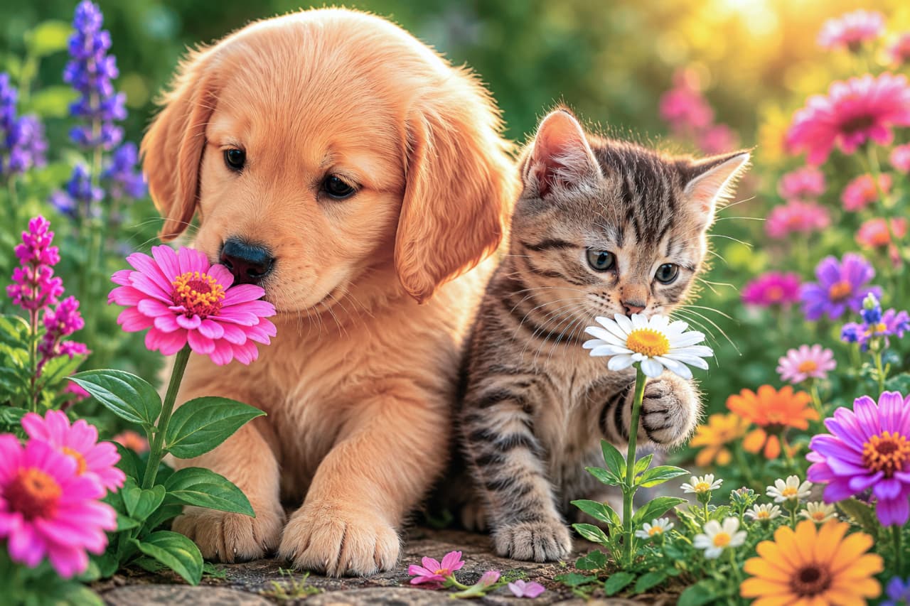 「この白いお花、アタシのにゃ🐾🌼 優しく見守ってくれる犬のお兄ちゃんと一緒に、春の香りのお勉強中✨ #春爛漫 #猫好きさんと繋がりたい」Ultra-realistic high-quality photograph of a brown tabby kitten gently pulling a white daisy towards its nose with its paw, while a golden retriever puppy watches softly. Surrounded by vibrant spring flowers in bright daylight. 鮮やかなピンクやオレンジの春の花が咲き乱れる中、キジトラの子猫が小さな右前足で白いデイジーの花を引き寄せようとしている仕草。その横でゴールデンレトリバーの子犬が優しい瞳で見守る、肉球の質感や花の細部まで極めてリアルに描かれた高画質写真