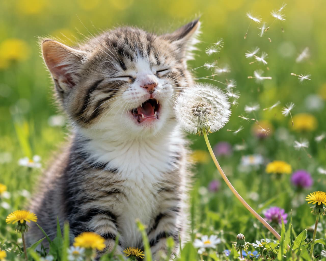 「はっ、はっ、ハックションにゃ!!🤧🌼 たんぽぽの綿毛が鼻をくすぐっちゃったみたい。可愛すぎる決定的瞬間にキュン💕 #猫のいる暮らし #癒やしの時間」Ultra-realistic high-quality photograph of a fluffy brown and white tabby kitten sneezing dramatically after sniffing a dandelion. The kitten's eyes are tightly shut and tiny teeth are visible, with dandelion seeds blowing beautifully in the breeze. 春のたんぽぽ畑で、綿毛が鼻先に当たってしまい「ハックション!」と豪快にくしゃみをする瞬間のキジ白(ブラウンタビー&ホワイト)の子猫。目をギュッとつむり、小さな歯が見える口の開き具合や、風に舞う綿毛のディテールまで鮮明な超高画質写真