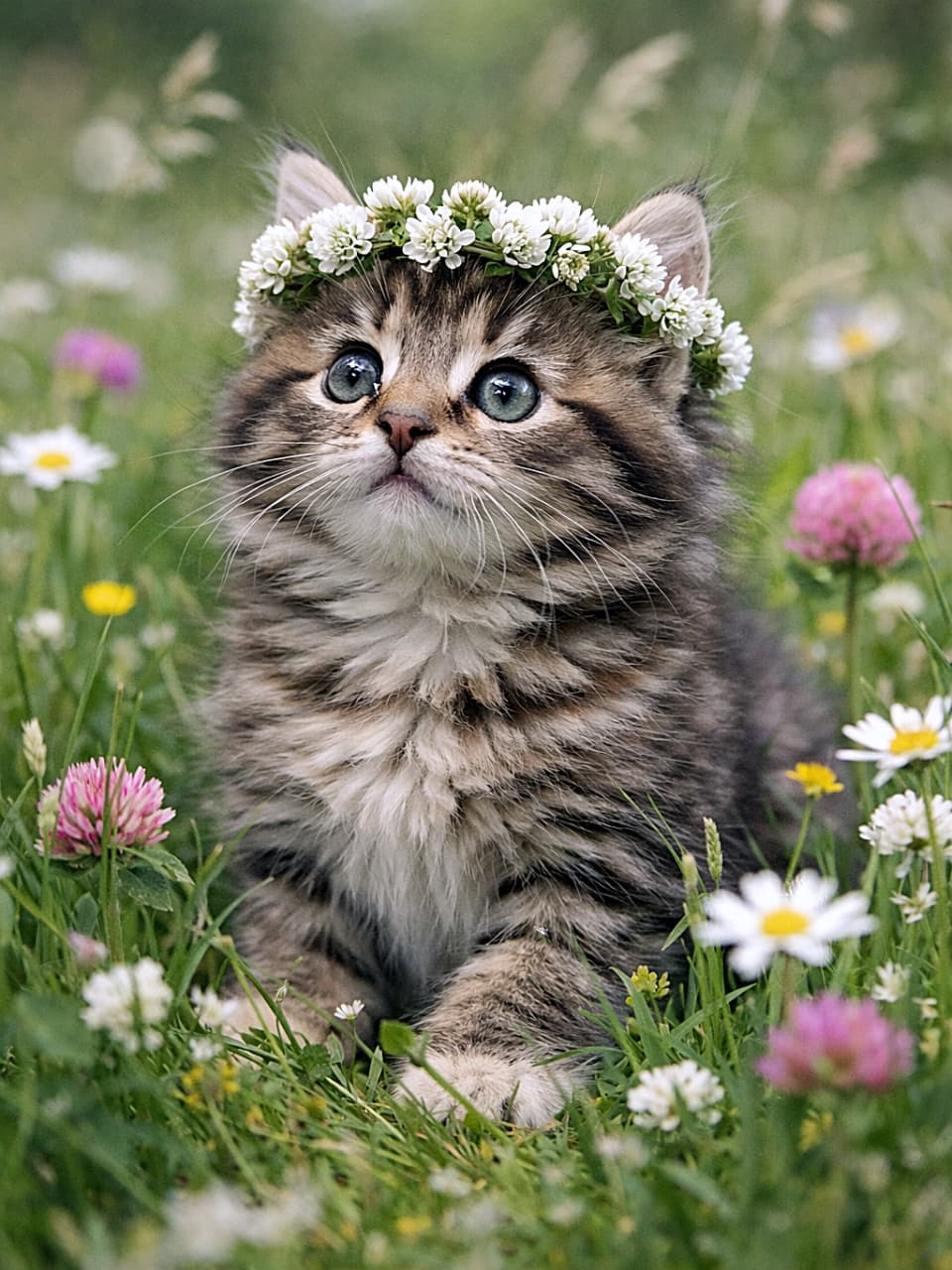 「クローバーの花冠でごきげん♪春風にときめく子猫のひととき」A fluffy tabby kitten wearing a small white clover crown sits in a meadow of colorful wildflowers, gazing upward with wide, curious eyes in soft natural daylight. 白いクローバーの小さな花冠をつけたふわふわのキジトラ子猫が、野の花が咲く草原に座り、好奇心いっぱいの大きな瞳で見上げている様子