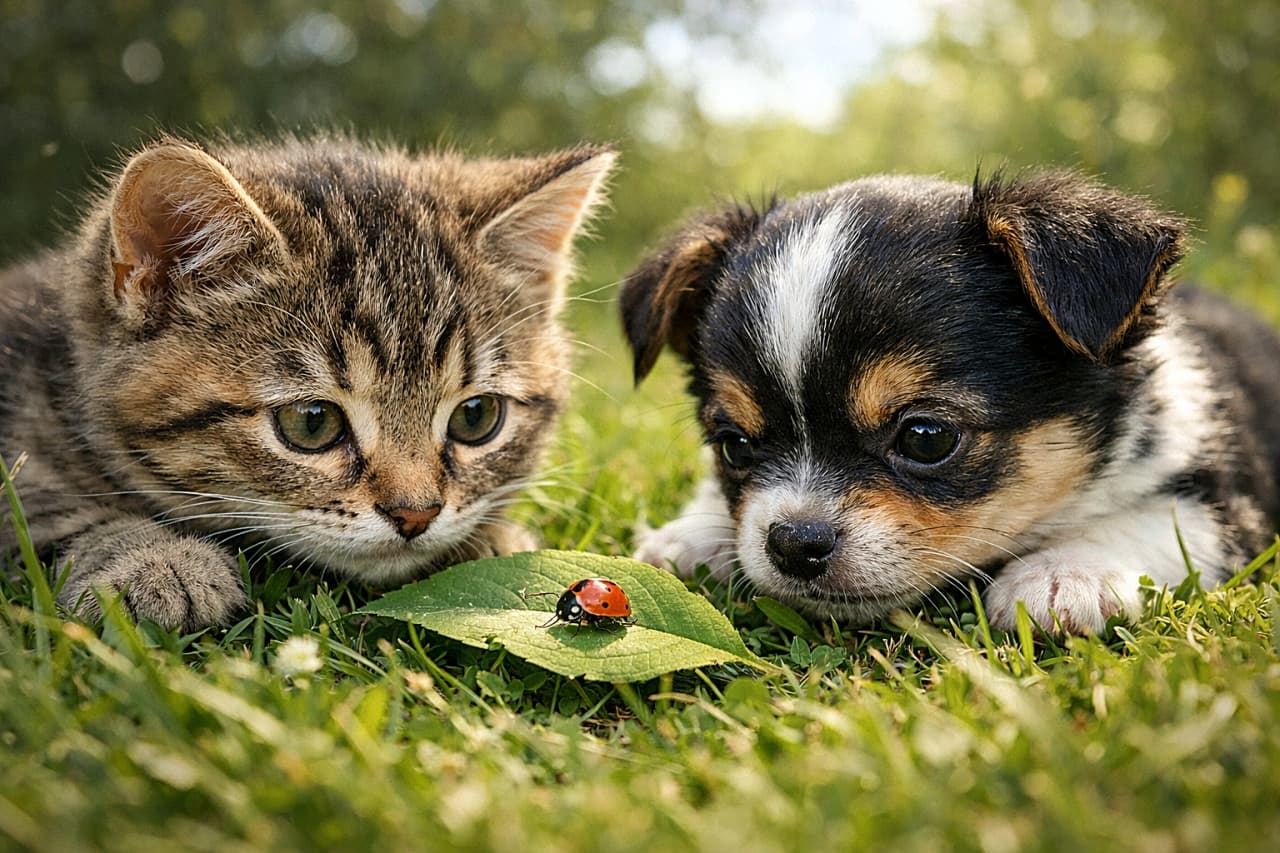 「ちいさなテントウムシに夢中♪芝生でそっと見守る子猫と子犬のほっこり時間✨」A curious kitten and a tiny puppy lying belly-down in the grass, closely watching a red ladybug crawling on a green leaf between them, sunny and peaceful outdoor scene, realistic photo, horizontal composition. 芝生にうつ伏せで並び、2匹の間の葉の上を歩く赤いテントウムシをじっと見つめる子猫と小さな子犬。晴れた穏やかな屋外のリアル写真、横長構図