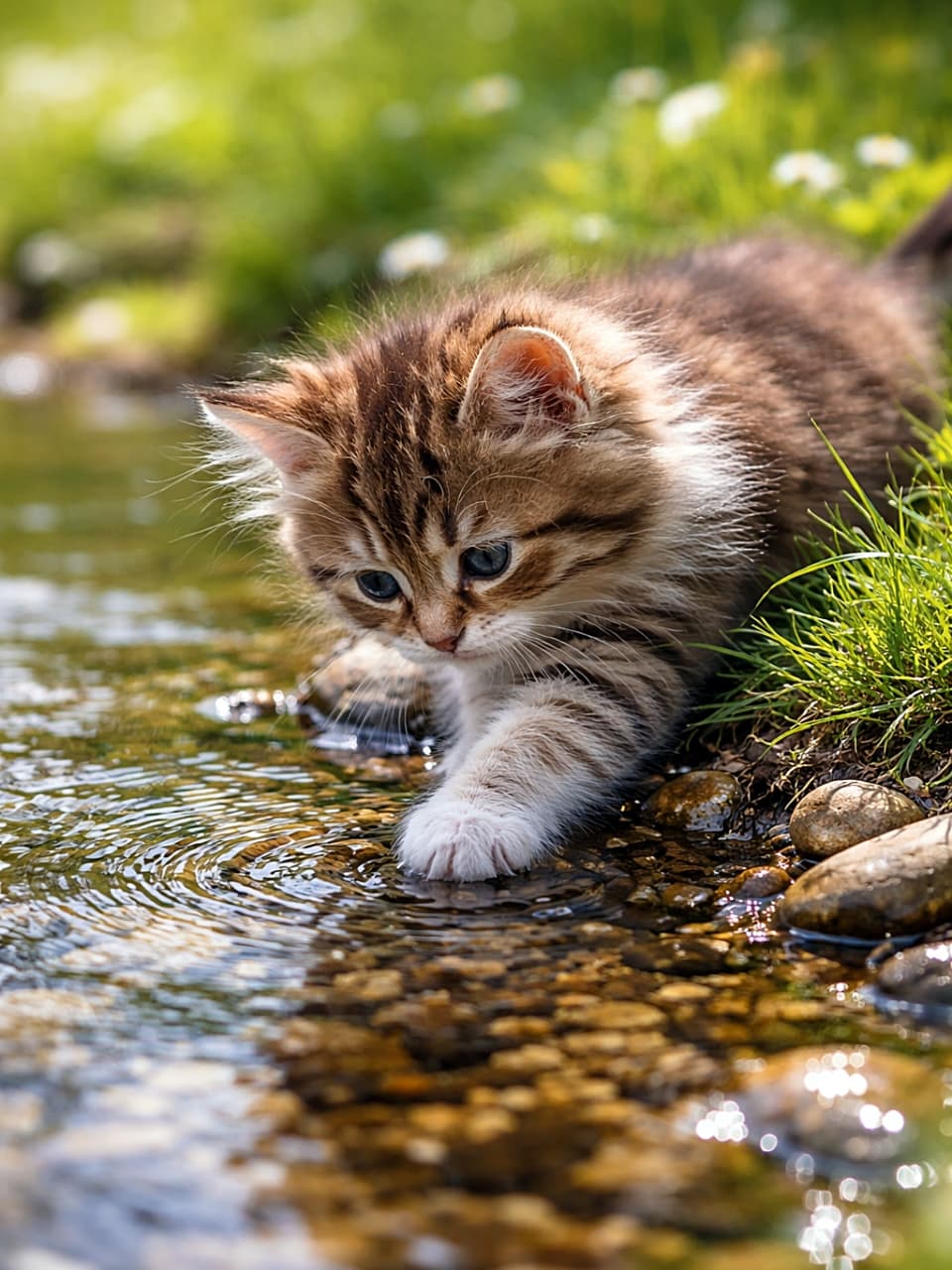 「ちょん、と水にタッチ。はじめての小さな冒険!」A curious brown and white kitten gently touching the clear water of a small stream with its paw, surrounded by green grass and pebbles in bright daylight. 明るい日差しの中、小さな清流に前足を伸ばして水に触れる好奇心いっぱいの子猫。周囲には草や小石が広がっている
