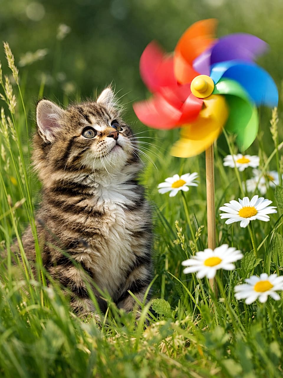「くるくる風車に夢中!草原でときめく子猫のひととき🐾🌼」A curious tabby kitten sitting in tall grass and white daisies, watching a colorful pinwheel spinning in the breeze under warm natural sunlight. 背の高い草と白いデイジーに囲まれた子猫が、風に回るカラフルな風車をじっと見つめている様子。やわらかな自然光の中のリアルな写真