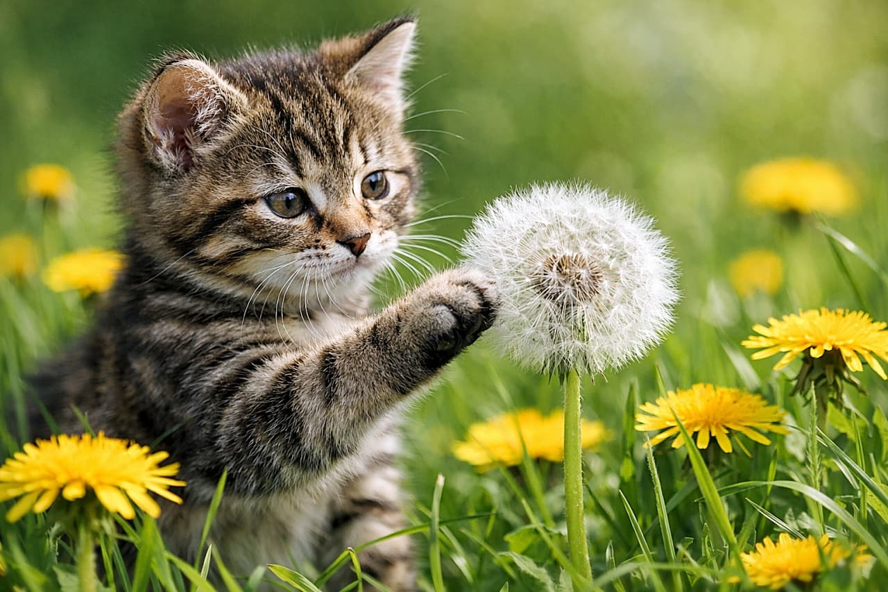 「子猫とタンポポのふわふわ〜ふわり綿毛にタッチ♪春の発見に目キラキラ✨」A curious tabby kitten gently touching a fluffy dandelion puff with its paw in a sunlit meadow, surrounded by green grass and blooming yellow dandelions, shallow depth of field. 明るい自然光の草原で、黄色いタンポポに囲まれながら綿毛のタンポポに前足でそっと触れるキジトラの子猫。背景はやわらかくボケている