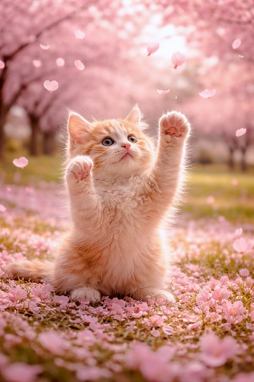 「桜の花びらに大はしゃぎ!ふわふわ子猫の春の瞬間💖」A fluffy orange and white kitten reaching up to catch falling cherry blossom petals in a serene park, surrounded by soft pink blooms. 柔らかいオレンジと白の子猫が、穏やかな公園で舞い落ちる桜の花びらに手を伸ばしている様子