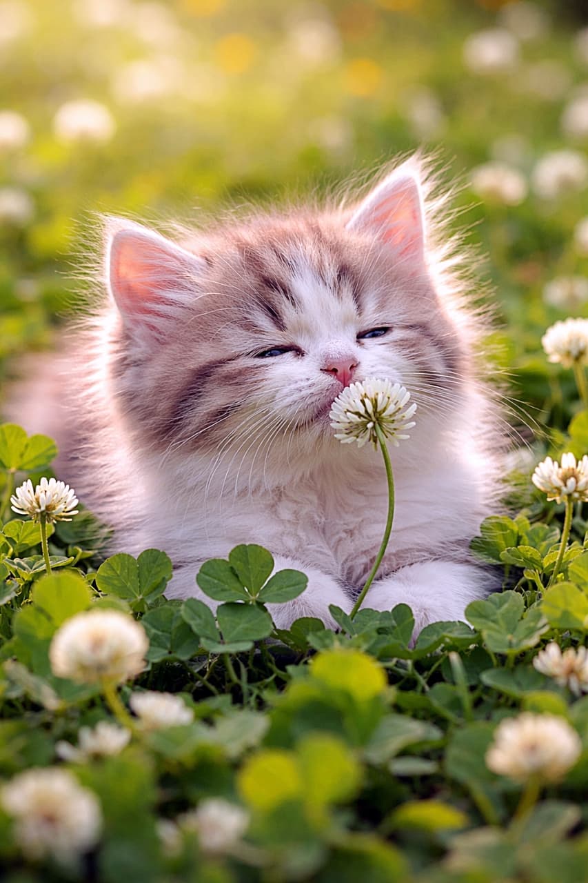 「春のクローバー畑でくんくん♪小さな幸せを見つけた子猫ちゃん🌼🐾」A fluffy cream and light brown kitten lying in a clover field, gently sniffing a white clover flower in soft spring sunlight, with a shallow depth of field and warm natural lighting. 柔らかな春の日差しの中、クローバー畑に寝そべりながら白いクローバーの花の香りをそっと嗅ぐ、ふわふわの子猫のリアル写真