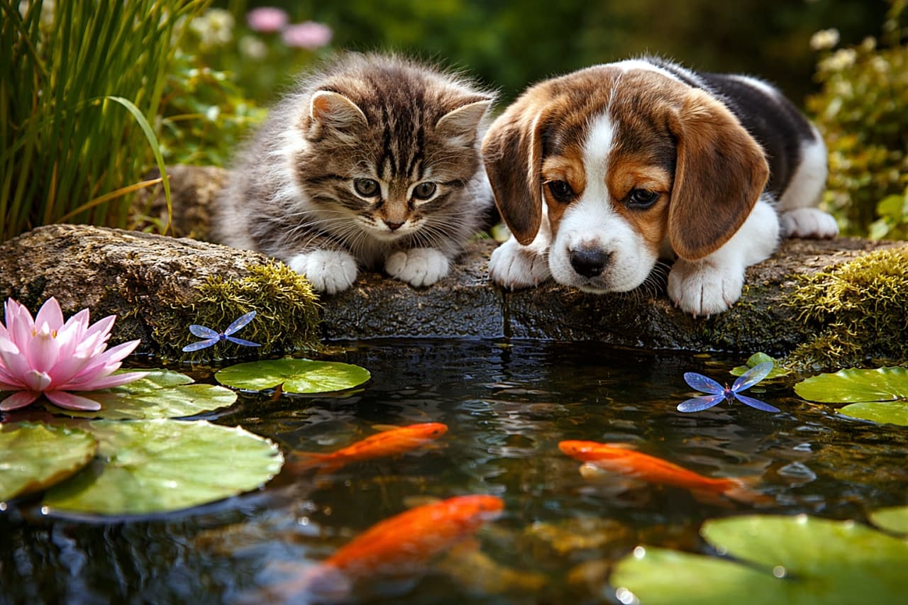 「池の中に夢中!お魚とトンボにくぎ付けな仲良しコンビ🐾✨」A curious tabby kitten and a beagle puppy leaning over a small garden pond, watching bright orange fish and dragonflies among lily pads and reeds, realistic horizontal photo. 小さな庭の池をのぞき込み、睡蓮の葉や葦に囲まれながらオレンジ色の魚やトンボを見つめるキジトラの子猫とビーグルの子犬のリアルな横長写真
