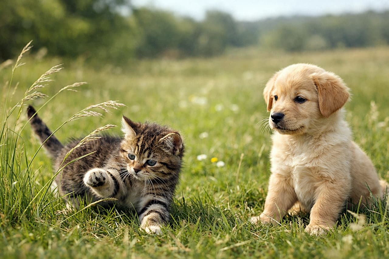 「ゆらゆら草に全力アタック!見守る子犬の表情もたまらない春のひとコマ♪」A playful tabby kitten chasing swaying grass blades in a sunny meadow while a fluffy golden puppy sits nearby watching curiously, realistic photo, horizontal composition. 晴れた草原で揺れる草を追いかけるキジトラの子猫と、その様子をそばで興味深そうに見つめるふわふわの子犬のリアルな横長写真