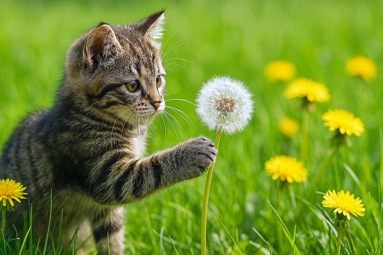 「ふわふわにタッチ!春の冒険は、やさしい一歩から」A curious tabby kitten gently touches a fluffy dandelion puff with its paw in a sunlit meadow. 興味津々のトラ柄子猫が、日差しの中でふわふわのタンポポの綿毛にそっと触れている