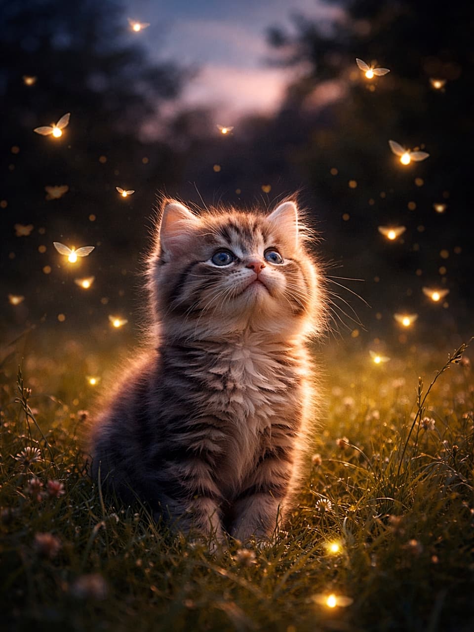 「ホタルの光にうっとり…夏の魔法に恋する子猫✨」A fluffy tabby kitten sitting in soft grass at twilight, gazing up at glowing fireflies in a magical summer meadow, realistic photo. 夕暮れの草原で、光るホタルを見上げてうっとりするふわふわの子猫のリアル写真