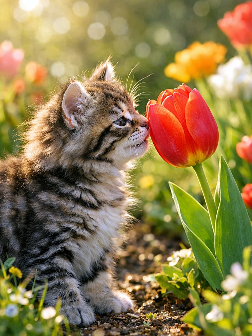 「チューリップとひみつのおしゃべり中🌷朝の光がふたりをやさしく包む瞬間」A fluffy tabby kitten gently touching a blooming red tulip nose-to-nose in a vibrant garden, bathed in warm morning sunlight, realistic photo. 暖かな朝の光に包まれた庭で、咲いた赤いチューリップに鼻先を寄せて触れるふわふわのキジトラ子猫のリアルな写真