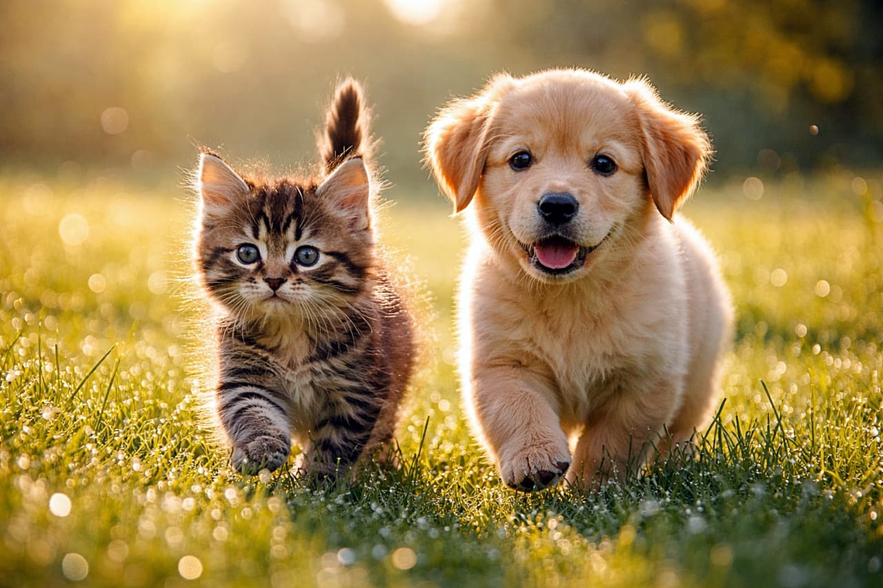 「朝露きらめく草原をてくてく♪なかよしコンビのやさしい朝さんぽ時間🐾」A fluffy tabby kitten and a golden retriever puppy walking side by side through dewy grass in the early morning, tiny droplets sparkling in gentle sunlight, realistic horizontal photo. 早朝の朝露に濡れた草原を、きらめく水滴の中で並んで歩くふわふわの子猫とゴールデンレトリバーの子犬のリアルな横長写真