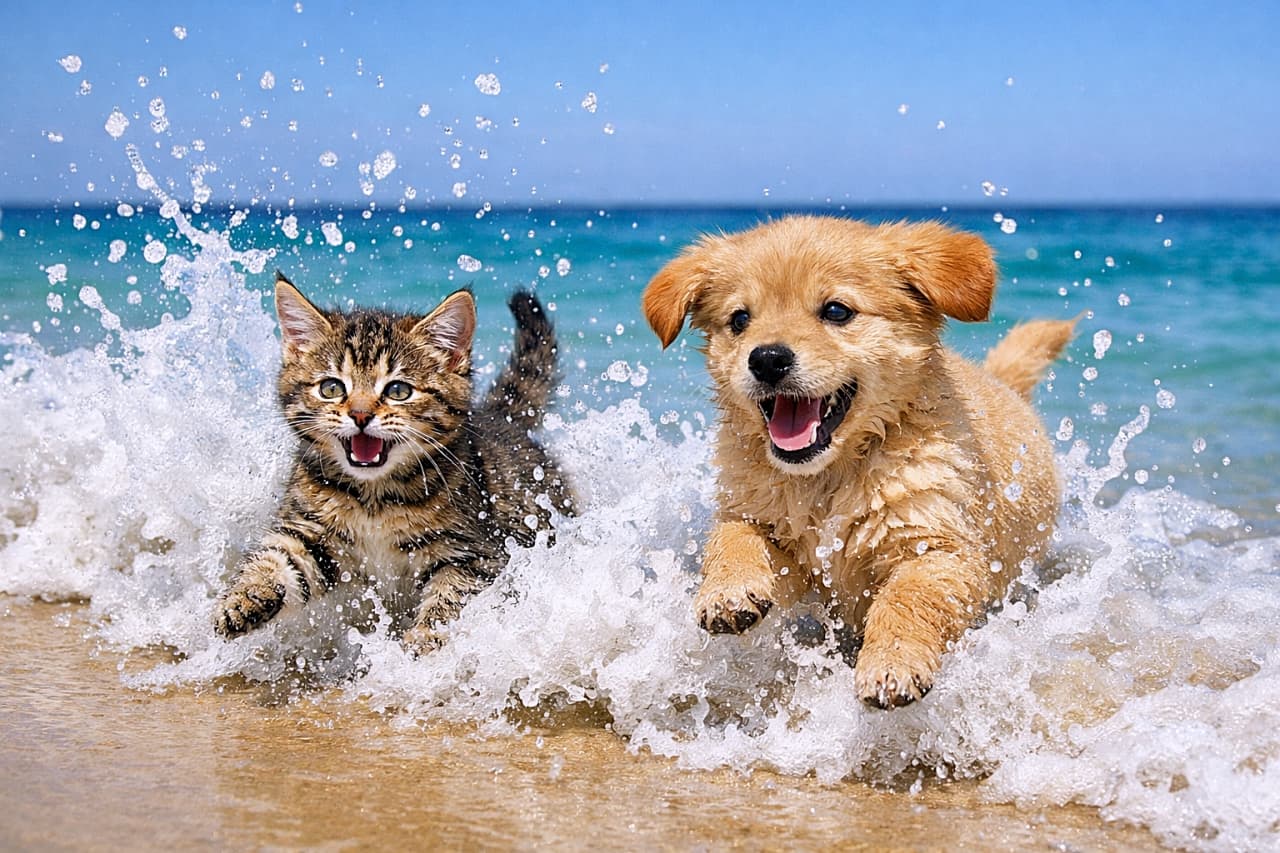 「波しぶきもへっちゃら!夏の海ではしゃぐ最強コンビ♪」A playful kitten and puppy splashing energetically through a foamy wave at the shoreline, water droplets flying in the air under bright sunlight, with a turquoise ocean and clear blue sky in the background. 海辺で砕ける波しぶきを浴びながら元気いっぱいに駆け回る子猫と子犬。水しぶきが舞い上がり、背後にはターコイズ色の海と青空が広がっている