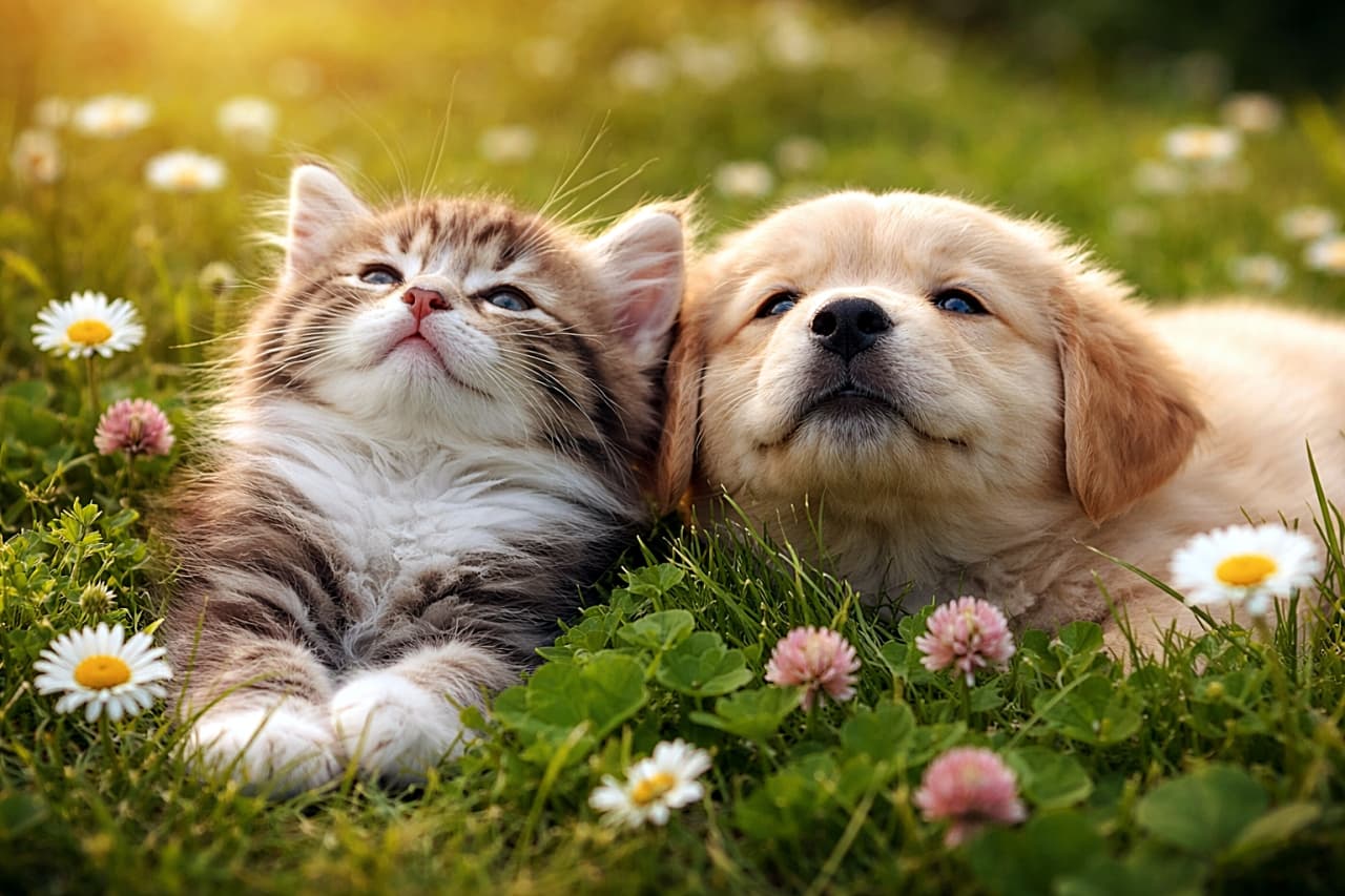 「芝生の上でごろり。いっしょに空を見上げる、のんびり午後のふたり時間☀️🐾」A kitten and a golden retriever puppy lying side by side on soft green grass, surrounded by clover and daisies, looking up at the sky with sleepy eyes in warm late afternoon light, realistic horizontal photo. 柔らかな緑の芝生の上で、クローバーやデイジーに囲まれながら並んで寝そべり、眠たそうな目で空を見上げる子猫とゴールデンレトリバーの子犬。夕方のあたたかな光に包まれた横長のリアル写真