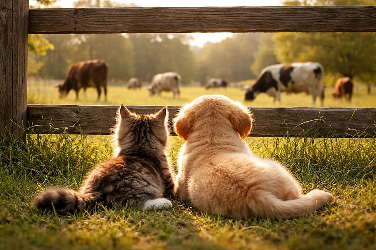 「なかよく並んで牛さん観察タイム♪のどかな牧場でほっこり日向ぼっこ✨」A kitten and a puppy lying side by side in the sun near a wooden fence, peacefully watching cows grazing in a pasture, warm late afternoon light, realistic horizontal photo. 木製フェンスのそばで日なたに並んで寝そべる子猫と子犬が、牧草地で草を食む牛を静かに見つめている様子。夕方のあたたかな光に包まれた横長のリアル写真