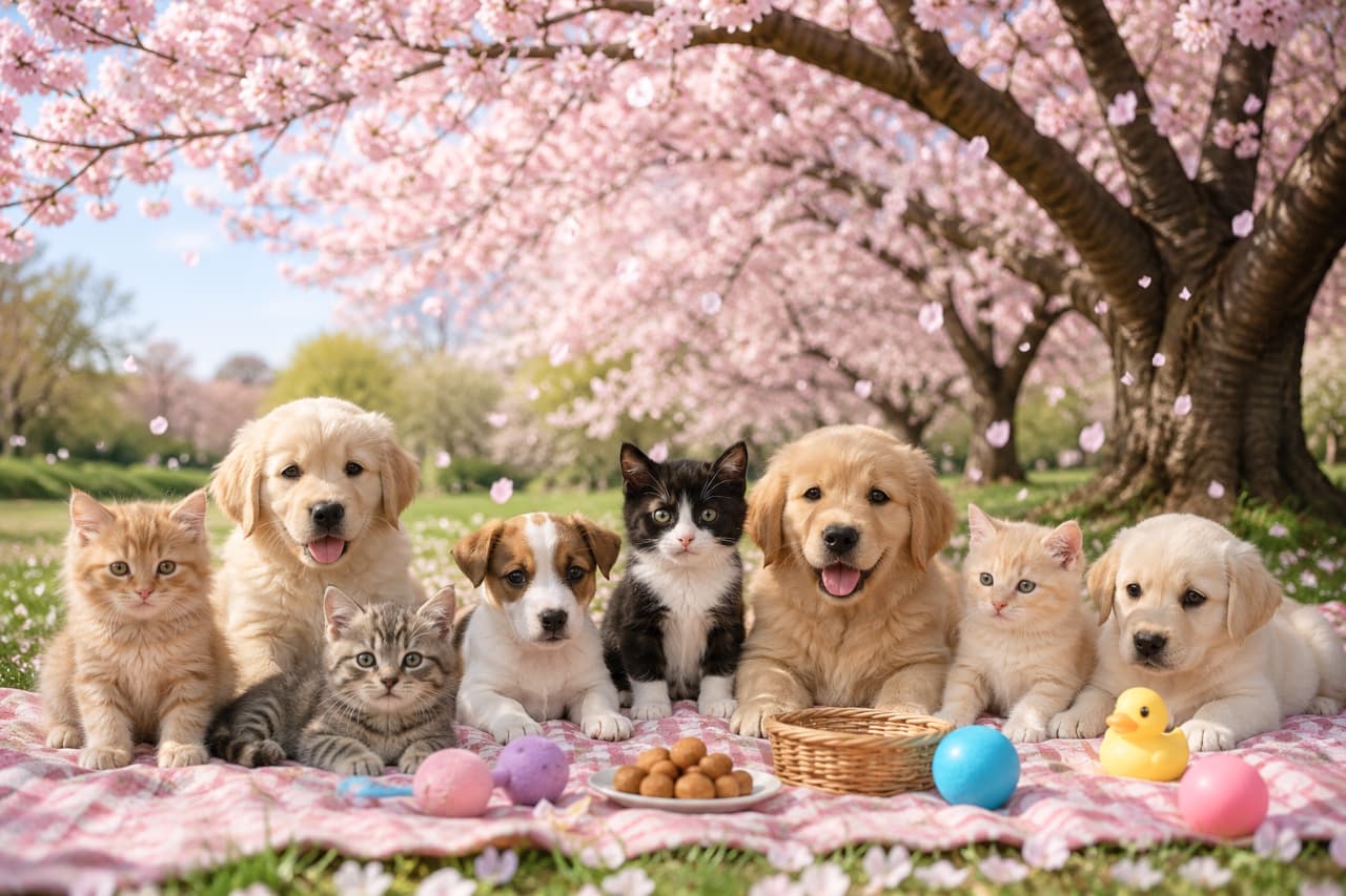 「みんなでお花見ピクニックに来たにゃ!🍡🌸 桜の花びらが舞う中、どの子の隣に座ろうか迷っちゃう可愛さ大渋滞😍 #お花見」Ultra-realistic high-quality photograph of three kittens (orange tabby, tuxedo, cream tabby) and three puppies having a picnic on a pink checkered blanket under blooming cherry blossom trees, with falling petals and colorful toys. 満開の桜並木の下、ピンクのチェック柄のレジャーシートの上に集まった茶トラ、白黒ハチワレ、クリームタビーの3匹の子猫と3匹の子犬たち。おやつやカラフルなボールが置かれ、舞い散る桜の花びらと柔らかな春の光が全体を包み込む、楽しげなピクニック風景の高画質写真
